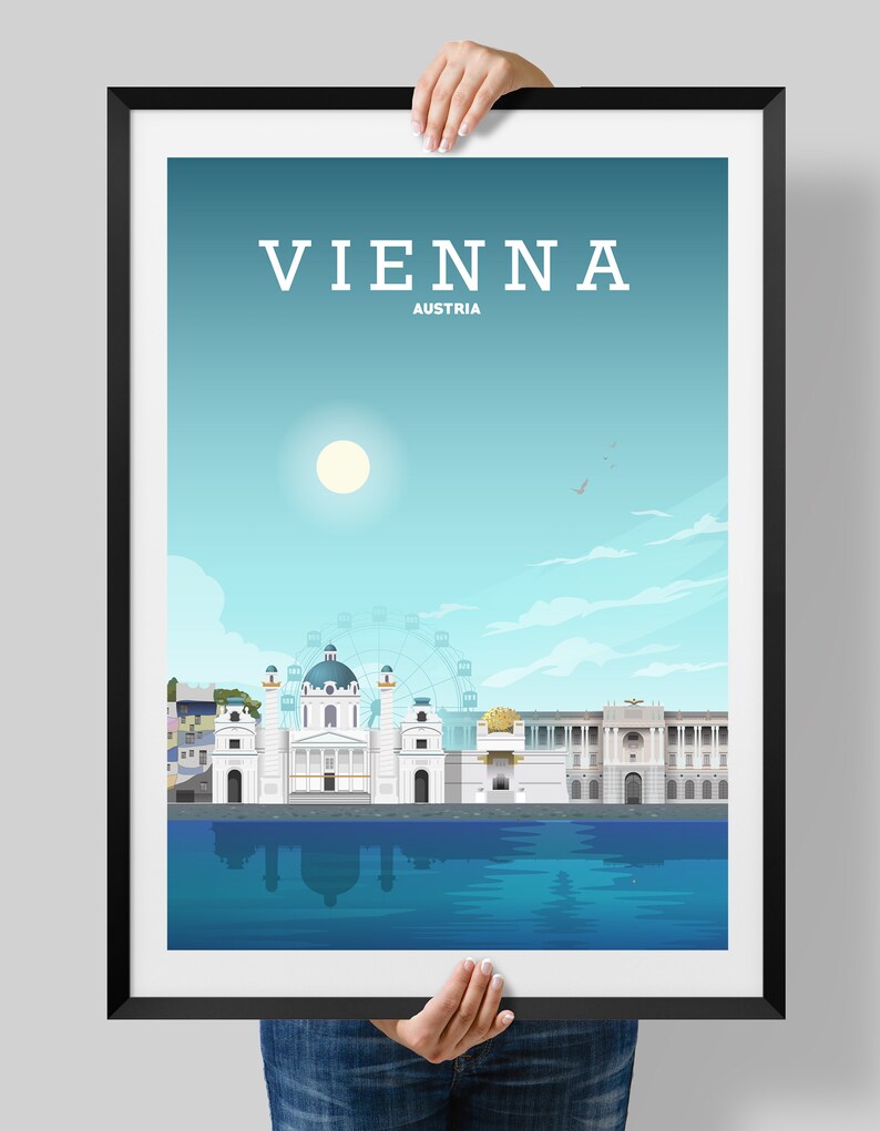 May include: A colorful illustration of the Vienna skyline, featuring a Ferris wheel, a church with a dome, and other buildings. The text "VIENNA" and "AUSTRIA" is displayed at the top of the image.