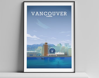 May include: A colorful illustration of the Vancouver skyline, featuring the city's iconic buildings, including the Canada Place, the Harbour Centre, and the Science World. The illustration is set against a blue sky with white clouds. The text "VANCOUVER CANADA" is displayed at the top of the image.