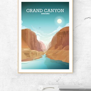 May include: A vintage travel poster featuring a scenic view of the Grand Canyon in Arizona. The poster has a blue sky with a white sun and a river flowing through the canyon.