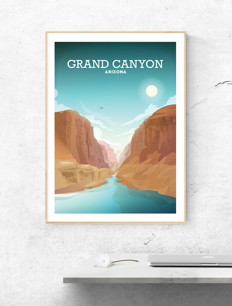 May include: A vintage travel poster featuring a scenic view of the Grand Canyon in Arizona. The poster has a blue sky with a white sun and a river flowing through the canyon.