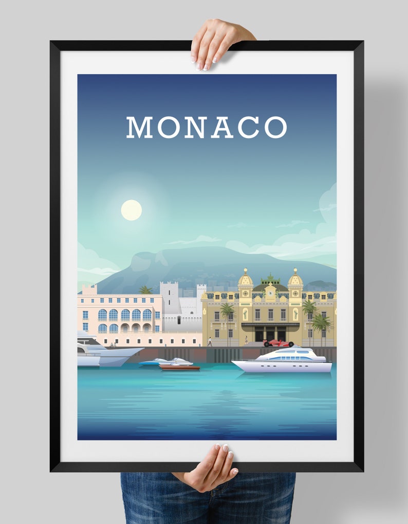 May include: A colorful illustration of the Monaco skyline with the text "MONACO" at the top. The illustration features buildings, palm trees, a yacht, and a red sports car.