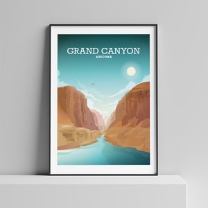 May include: A poster with a graphic illustration of the Grand Canyon in Arizona. The poster features a blue sky with a white sun, a river flowing through the canyon, and brown rock cliffs.