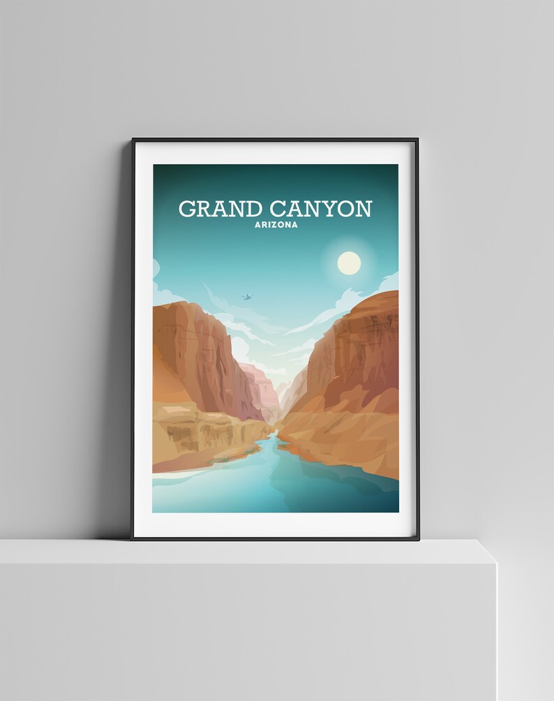 May include: A poster with a graphic illustration of the Grand Canyon in Arizona. The poster features a blue sky with a white sun, a river flowing through the canyon, and brown rock cliffs.