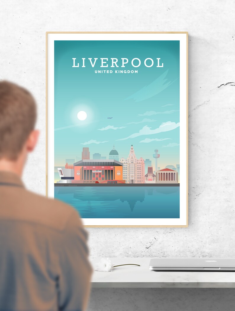 May include: A colorful illustration of the Liverpool skyline, featuring the city's iconic landmarks, including the Liver Building, the Royal Liver Building, and the Anglican Cathedral. The illustration is set against a blue sky with white clouds and a bright sun. The text "LIVERPOOL UNITED KINGDOM" is displayed at the top of the illustration.