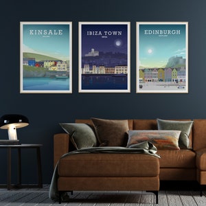May include: Three framed city skyline illustrations. The first is of Kinsale, Ireland, with a blue and green color scheme. The second is of Ibiza Town, Ibiza, with a purple and blue color scheme. The third is of Edinburgh, Scotland, with a blue and green color scheme.