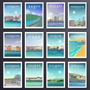 May include: A collage of 12 colorful travel posters featuring various cities around the world. Each poster has a city name at the top, a stylized illustration of the city, and the country name at the bottom.