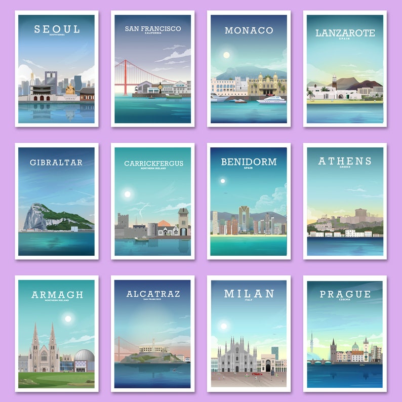 May include: A collage of 12 illustrated cityscapes, each featuring a prominent landmark or building. The cities include Seoul, San Francisco, Monaco, Lanzarote, Gibraltar, Carrickfergus, Benidorm, Athens, Armagh, Alcatraz, Milan, and Prague.