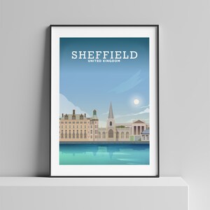 May include: A poster with a blue, white, and brown illustration of the Sheffield skyline, including a church with a tall spire. The text "SHEFFIELD" and "UNITED KINGDOM" is printed in white at the top of the poster.