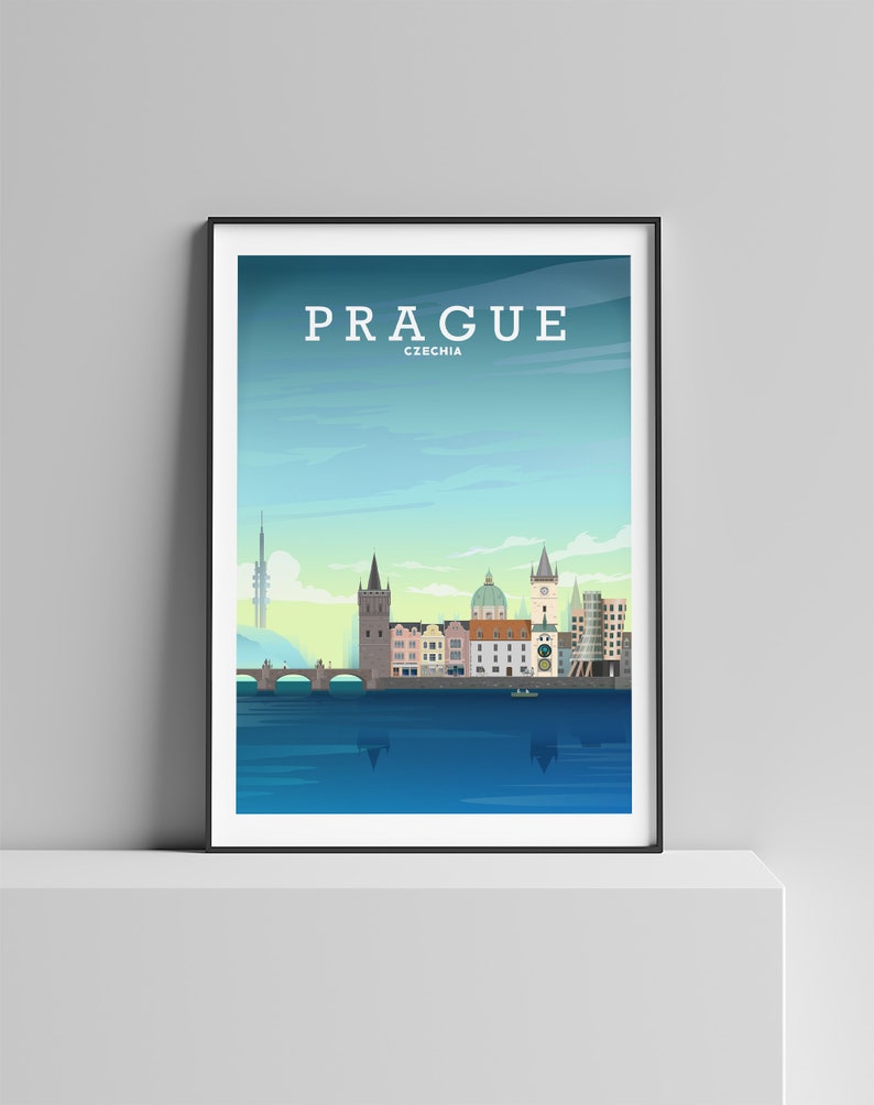 May include: A colorful illustration of the Prague skyline, featuring the Charles Bridge, the Old Town Square, and the iconic Prague Castle. The text "PRAGUE" and "CZECHIA" is displayed at the top of the image.