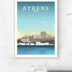 May include: A colorful illustration of the Acropolis in Athens, Greece. The image features a blue sky with white clouds, a cityscape with white buildings, and the Acropolis in the background. The text "ATHENS GREECE" is at the top of the image.