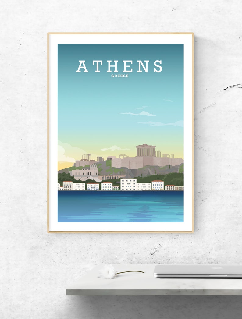 May include: A colorful illustration of the Acropolis in Athens, Greece. The image features a blue sky with white clouds, a cityscape with white buildings, and the Acropolis in the background. The text "ATHENS GREECE" is at the top of the image.
