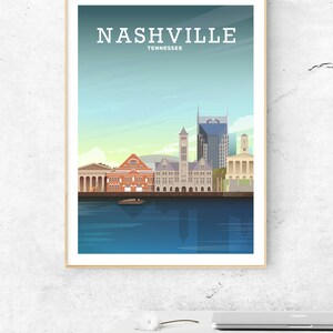 May include: A colorful illustration of the Nashville skyline, featuring the city's most iconic buildings, including the Ryman Auditorium, the Country Music Hall of Fame, and the AT&T Building. The text "NASHVILLE TENNESSEE" is at the top of the image.