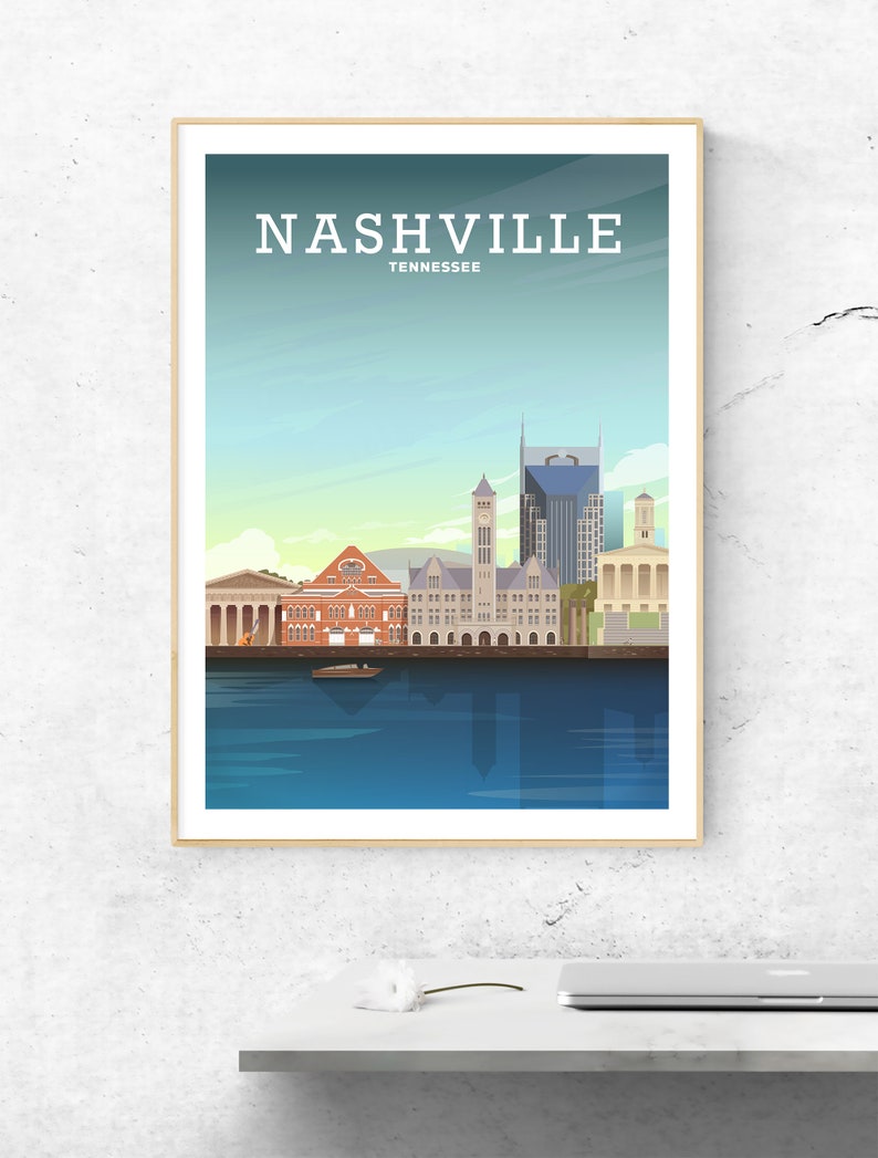 May include: A colorful illustration of the Nashville skyline, featuring the city's most iconic buildings, including the Ryman Auditorium, the Country Music Hall of Fame, and the AT&T Building. The text "NASHVILLE TENNESSEE" is at the top of the image.