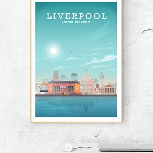 May include: A colorful illustration of the Liverpool skyline, featuring the city's iconic buildings, including the Liver Building, the Royal Liver Building, and the Anglican Cathedral. The illustration is set against a blue sky with white clouds and a bright sun. The text "LIVERPOOL UNITED KINGDOM" is displayed at the top of the illustration.