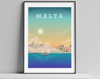 Impression de Malte, affiche de Malte, art de Malte, cadeaux de Malte, affiche de voyage de Malte, Malte, affiche vintage de Malte, peinture de Malte, mariage de Malte,