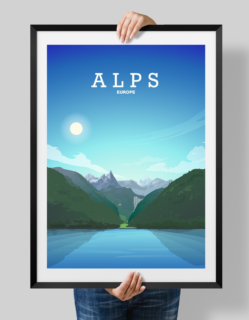 May include: A poster with a blue sky, white clouds, and a mountain range with a lake in the foreground. The text "ALPS EUROPE" is at the top of the poster.