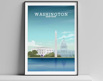 May include: A colorful illustration of the Washington Monument, the White House, and the Capitol Building in Washington, D.C., with the text "WASHINGTON, UNITED STATES" at the top.
