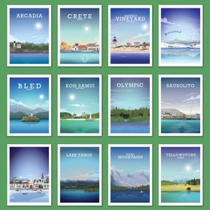 May include: A collage of 12 illustrated travel posters featuring various destinations around the world. Each poster features a scenic landscape with a body of water, mountains, or a cityscape. The posters are arranged in a grid of four rows and three columns.