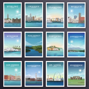 May include: A collage of 12 illustrated travel posters featuring various cities and landmarks around the world. Each poster has a blue and white color scheme with a city name and country at the top. The cities featured are Stirling, Swansea, Vilamoura, Munich, Mykonos, Peak District, Portofino, Queenstown, San Fermin, Southampton, St. Louis, and Stonehenge.