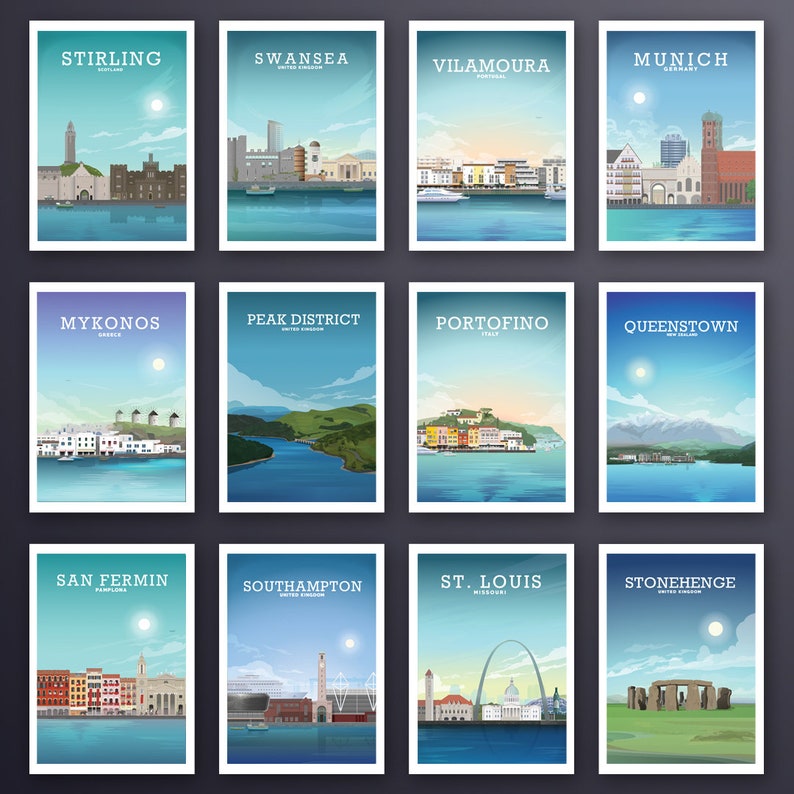 May include: A collage of 12 illustrated travel posters featuring various cities and landmarks around the world. Each poster has a blue and white color scheme with a city name and country at the top. The cities featured are Stirling, Swansea, Vilamoura, Munich, Mykonos, Peak District, Portofino, Queenstown, San Fermin, Southampton, St. Louis, and Stonehenge.