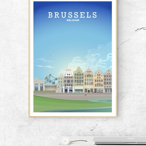 May include: A colourful illustration of the Brussels skyline, featuring the Atomium, a large, spherical structure, and several buildings in the background. The text "BRUSSELS BELGIUM" is at the top of the image.
