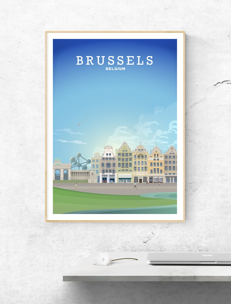 May include: A colourful illustration of the Brussels skyline, featuring the Atomium, a large, spherical structure, and several buildings in the background. The text "BRUSSELS BELGIUM" is at the top of the image.