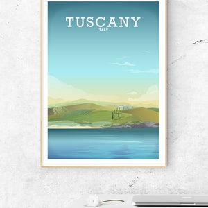 May include: A vintage travel poster with a blue sky and white clouds. The poster features a landscape with rolling green hills, a body of water, and the text "Tuscany, Italy".