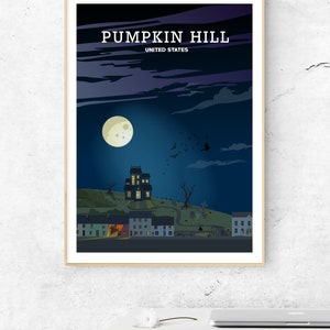 May include: A digital illustration of a spooky town called Pumpkin Hill, United States. The illustration features a dark blue sky with a full moon, a haunted house on a hill, and several houses with lit windows. There are bats flying in the sky.