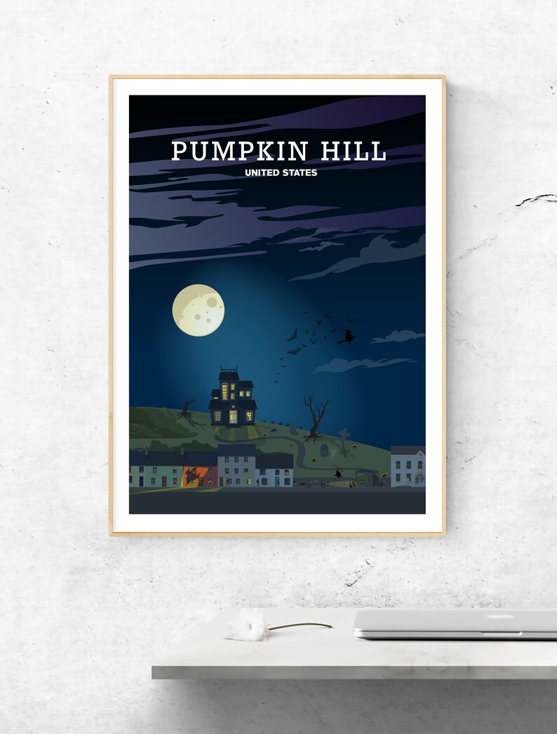 May include: A digital illustration of a spooky town called Pumpkin Hill, United States. The illustration features a dark blue sky with a full moon, a haunted house on a hill, and several houses with lit windows. There are bats flying in the sky.