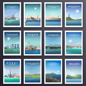 May include: A collage of 12 travel posters featuring various cities and landmarks around the world. The posters are in a grid format with a white border and a blue background. The cities featured include Orlando, Newcastle Upon Tyne, Newtownards, Singapore, Tokyo, Connemara, Cornwall, Dubai, County Fermanagh, Giant's Causeway, and Ireland.