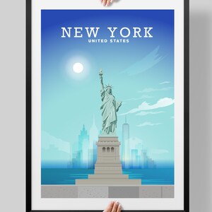 May include: A blue and white poster with the text "NEW YORK UNITED STATES" at the top. The Statue of Liberty is in the center of the poster, with the New York City skyline in the background.