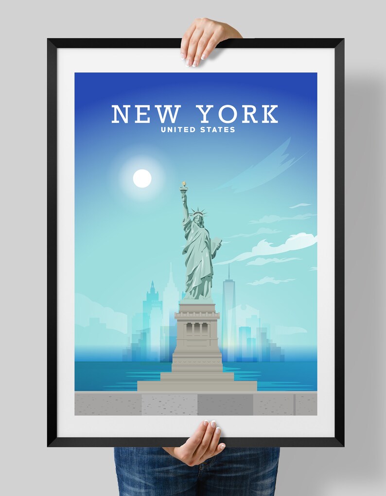 May include: A blue and white poster with the text "NEW YORK UNITED STATES" at the top. The Statue of Liberty is in the center of the poster, with the New York City skyline in the background.