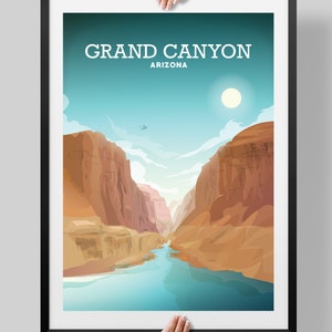 May include: A colorful illustration of the Grand Canyon in Arizona. The image shows a view of the canyon with a river flowing through it. The sky is blue with white clouds and a bright sun.