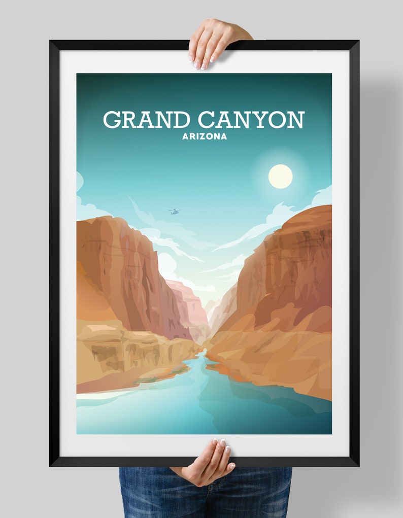 May include: A colorful illustration of the Grand Canyon in Arizona. The image shows a view of the canyon with a river flowing through it. The sky is blue with white clouds and a bright sun.