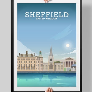 May include: A colorful illustration of the Sheffield skyline, featuring a church with a tall spire, a river, and buildings in the background. The text "SHEFFIELD UNITED KINGDOM" is at the top of the image.