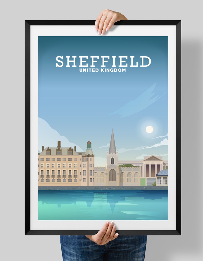 May include: A colorful illustration of the Sheffield skyline, featuring a church with a tall spire, a river, and buildings in the background. The text "SHEFFIELD UNITED KINGDOM" is at the top of the image.