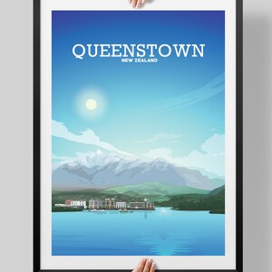 May include: A colorful illustration of Queenstown, New Zealand, with a blue sky, white clouds, a sun, snow-capped mountains, a lake, and a town with buildings on the shore.