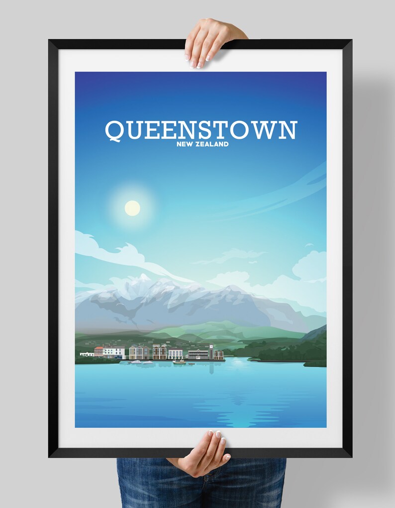 May include: A colorful illustration of Queenstown, New Zealand, with a blue sky, white clouds, a sun, snow-capped mountains, a lake, and a town with buildings on the shore.