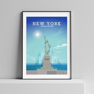 May include: A framed illustration of the Statue of Liberty in New York City, United States. The illustration is in a blue, green, and gray color scheme. The text "NEW YORK" and "UNITED STATES" is at the top of the illustration.