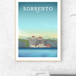 May include: A colorful illustration of the city of Sorrento, Italy, with the text "SORRENTO ITALY" at the top. The illustration shows a cityscape with buildings, a cliff, and a body of water.