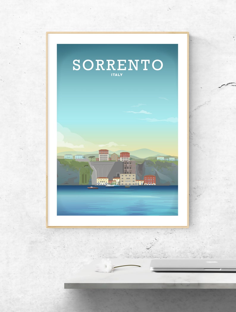 May include: A colorful illustration of the city of Sorrento, Italy, with the text "SORRENTO ITALY" at the top. The illustration shows a cityscape with buildings, a cliff, and a body of water.