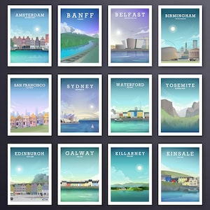 May include: A collage of 12 travel posters featuring iconic landmarks and cities around the world. Each poster has a white border and features a city name in a bold font at the top. The posters are arranged in a grid of four rows and three columns.