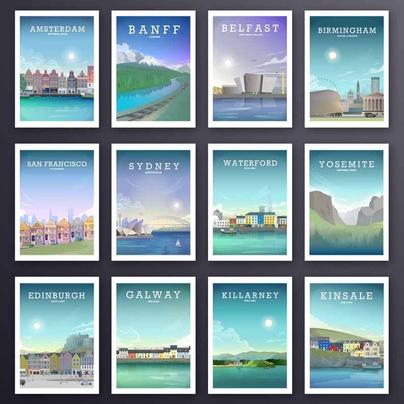 May include: A collage of 12 travel posters featuring iconic landmarks and cities around the world. Each poster has a white border and features a city name in a bold font at the top. The posters are arranged in a grid of four rows and three columns.