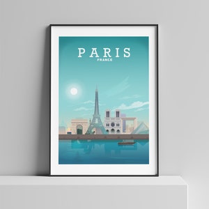 Peut inclure: Une affiche avec une illustration bleue et blanche de l'horizon de Paris, y compris la tour Eiffel, la cath&eacute;drale Notre-Dame et le mus&eacute;e du Louvre. Le texte "PARIS FRANCE" est en haut de l'affiche.
