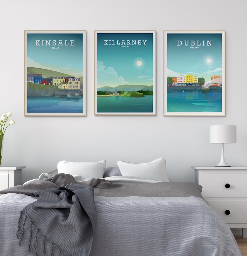 May include: Three framed illustrations of Irish cities: Kinsale, Killarney, and Dublin. Each illustration features a colorful cityscape with water and a blue sky.