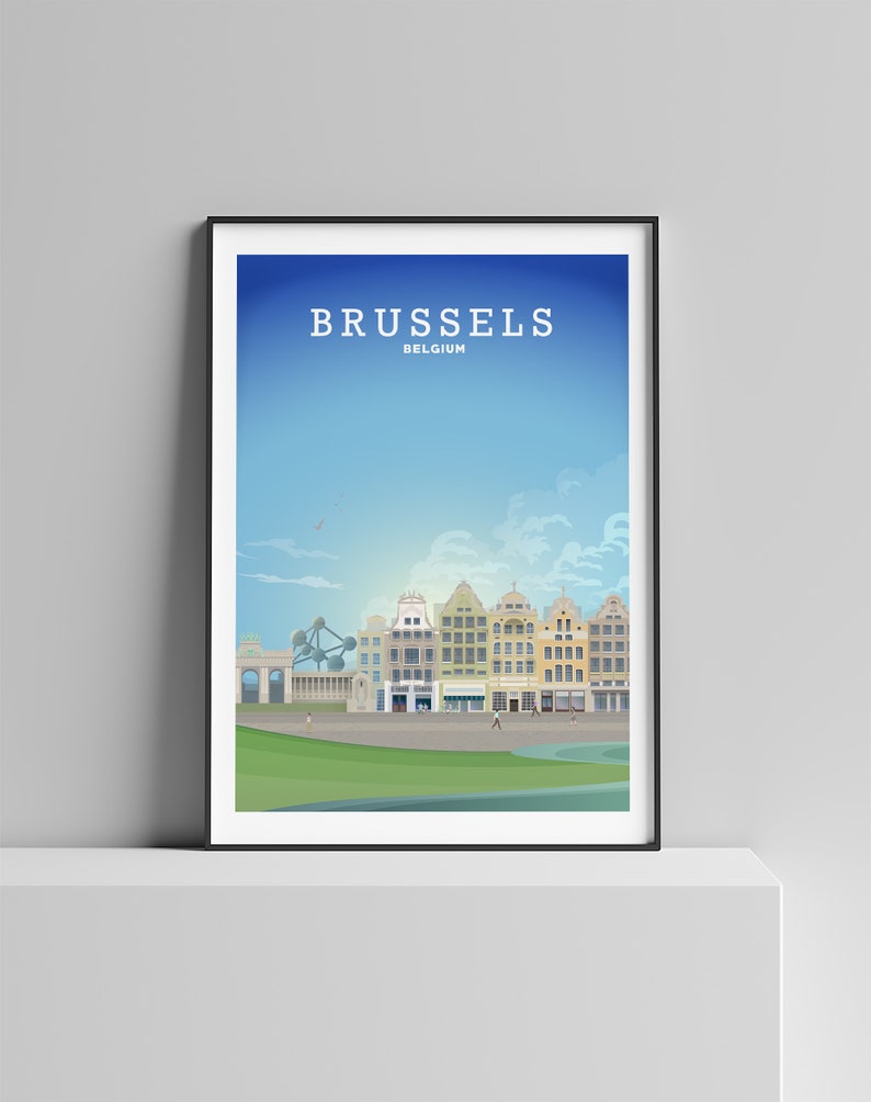May include: A colourful illustration of the Brussels skyline, featuring the Atomium, a large, spherical structure, and several buildings. The text "BRUSSELS BELGIUM" is at the top of the image.