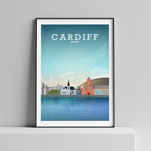 Cardiff Print, Cardiff Illustrated Poster door Hillview Prints A2, A3, A4 formaat.