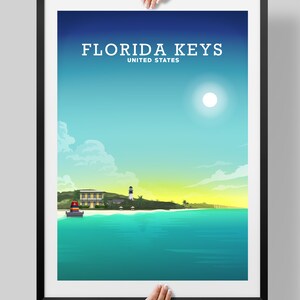 May include: A colourful illustration of a Florida Keys landscape with a lighthouse, a building, and a boat in the foreground. The sky is blue with white clouds and a bright sun. The text "FLORIDA KEYS UNITED STATES" is at the top of the image.