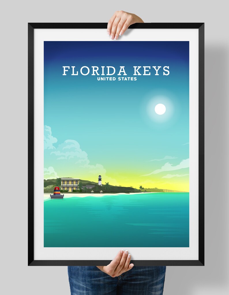 May include: A colourful illustration of a Florida Keys landscape with a lighthouse, a building, and a boat in the foreground. The sky is blue with white clouds and a bright sun. The text "FLORIDA KEYS UNITED STATES" is at the top of the image.
