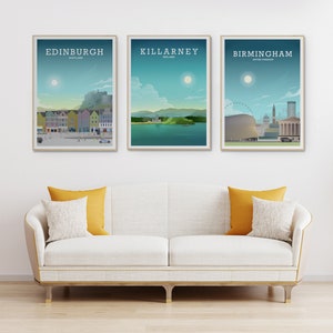 May include: Three framed city skyline posters with a white background. The posters are titled "Edinburgh, Scotland", "Killarney, Ireland", and "Birmingham, United Kingdom".